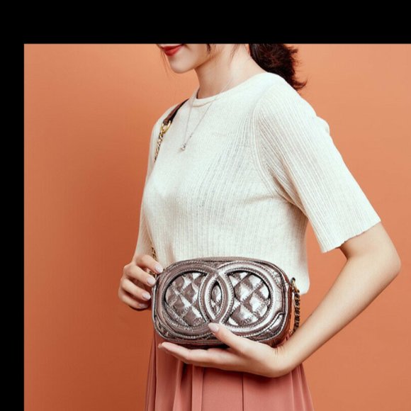 Chain Solid Grid Cowhide Leather Shoulde Crossbody - Picture 6 of 12